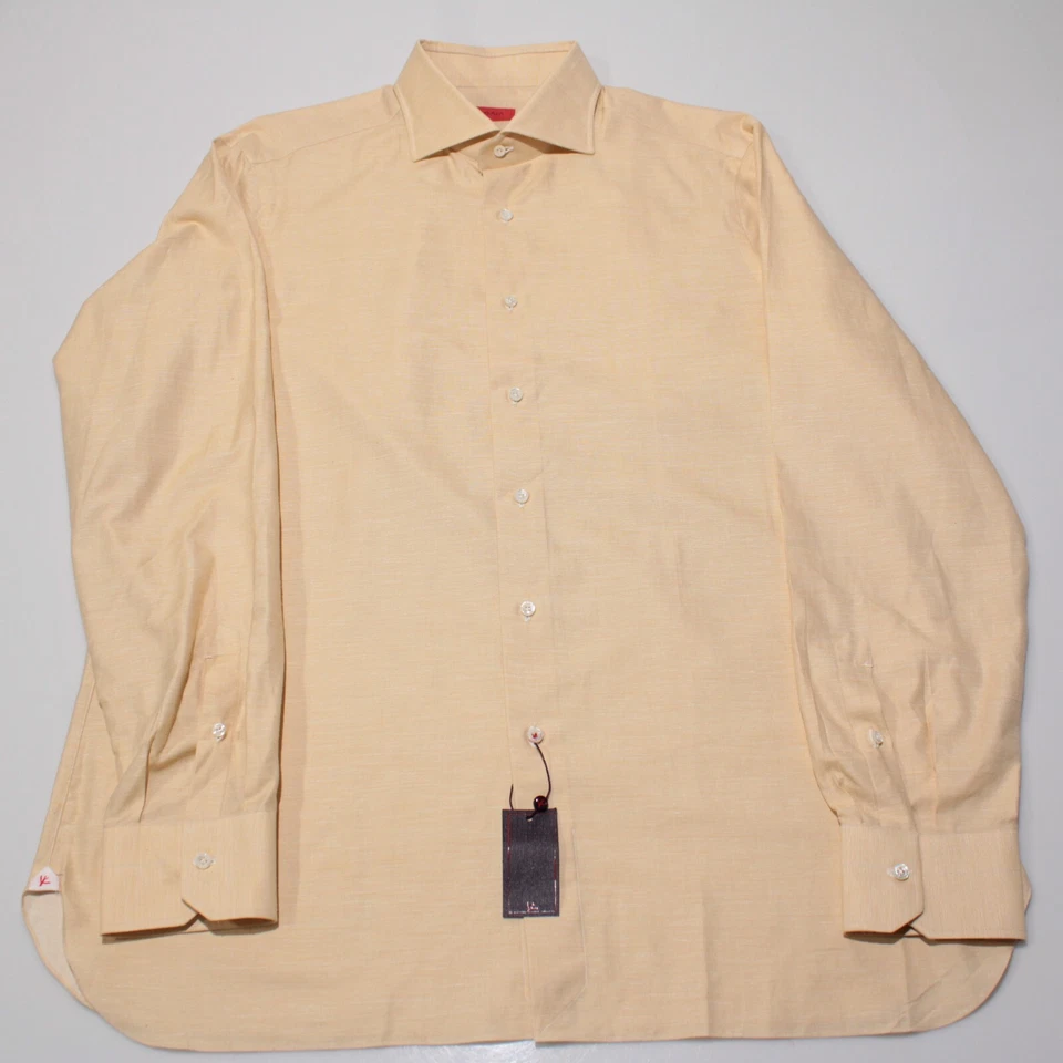 Camisa de vestir Isaia nueva con etiquetas talla 44 17,5 en mezcla de algodón y seda amarilla hecha en Italia Foto 3 de 4