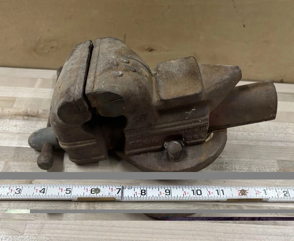 Dunlap #5244 скамейные тиски 3-1/2 дюйма с наковальней и поворотным основанием винтажные, сделано в США - Изображение 3 из 4