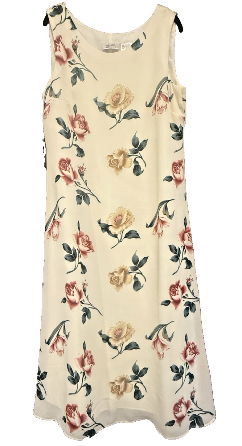 Vintage Butter Yellow Floral Midi Dress Sz 12 Cottagecore 90s Mom Whimsical