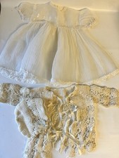 Vintage Newborn Baby Girl White Baptism Dress And Handmade Cardigan/Bonnet