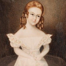 Antique C.1830 European Miniature Folk Art Painting Little Girl in Flower Dress