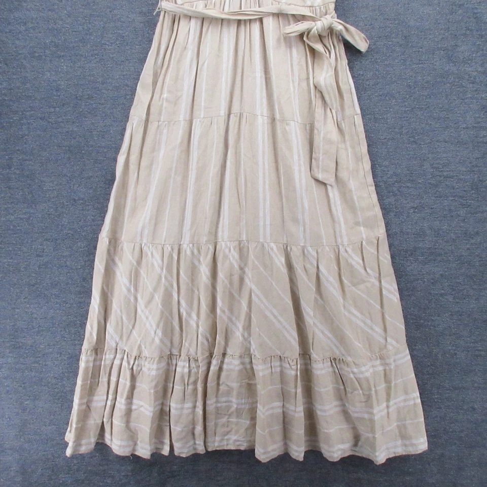 DKNY Dress Womens 6 Linen Blend Striped Layered Maxi Dress Tan Belted Sleeveless - Image 3 of 4