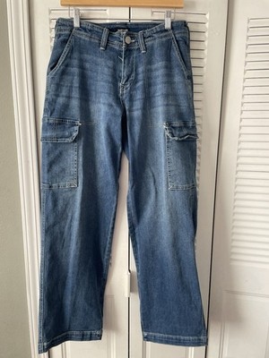 True Religion Straight Jeans Women Blue Medium Wash Denim Button Zip Cargo Pock 
