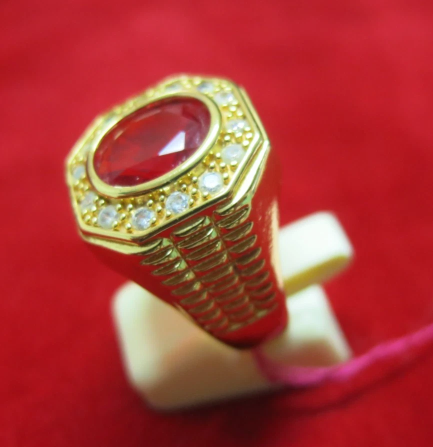 Anillo de oro de 18k micras granate rojo piedras preciosas circonitas cúbicas talla 10 anillo abierto para hombre Foto 3 de 4