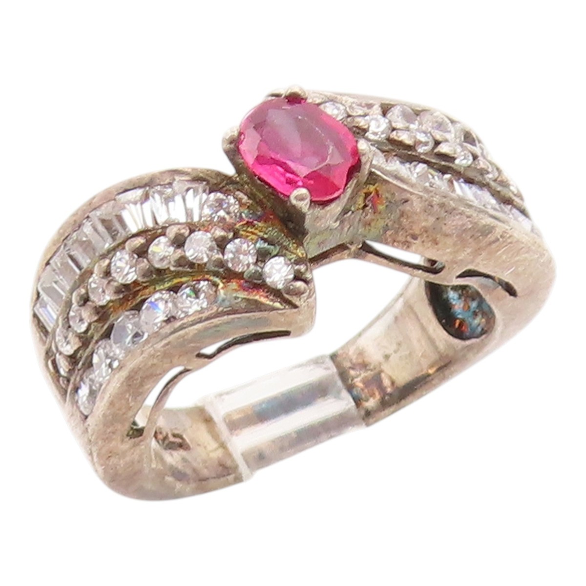 925 Sterling Silver Vintage Ring Oval Ruby & Sapphire Bypass Band