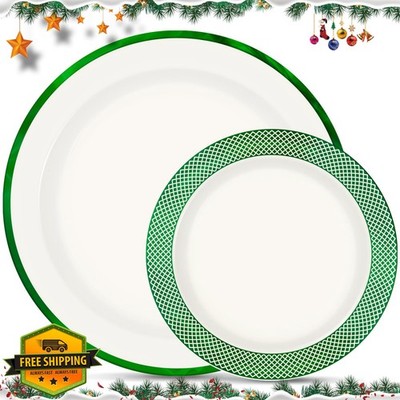 Boocikey Christmas Plates Green White Disposable 20 Guests