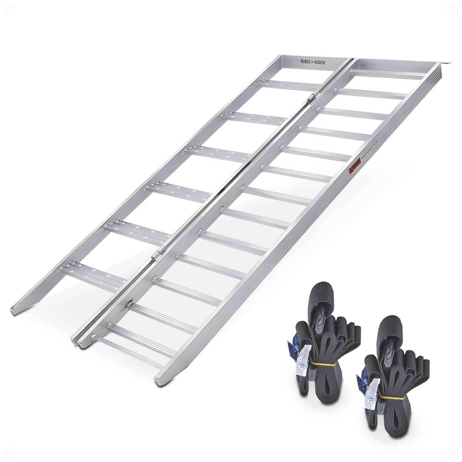 Black Widow Aluminum Bi Fold Motorcycle Ramp with Steps, Folding Ramp, Silver