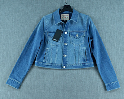 True Religion Jacket Women's M Blue Jesse Crop Trucker Denim Jacket NWT