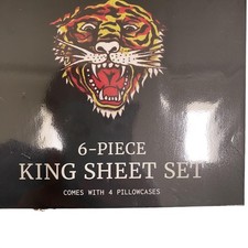 Ed Hardy King Sheet Set 6 Piece Graphic Tattoo Print 4 Pillowcases Polyester