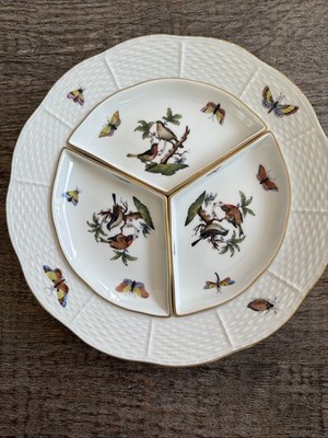 Herend Rothschild Bird 3-Section Hors d'Oeuvre Set Special Edition 4 Pieces Mint