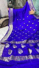 Blue 100 khadi Chiffon Sari Zari Banarasi Woven Designer Saree With Blouse Pc