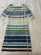 Eliza J Blue Green Geometric Print Shift Dress 3/4 Sleeve Size 4 Exposed Zip Bac