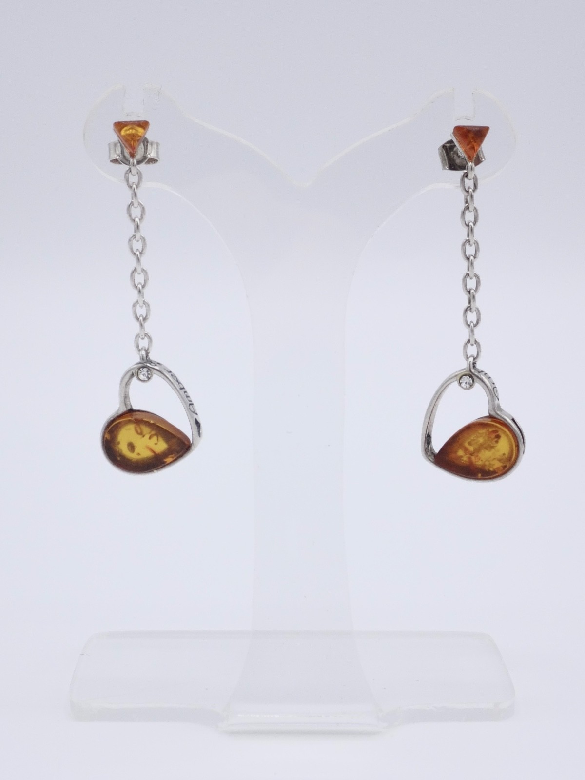 Solid Silver and Baltic Amber Heart Dangle Earrin… - image 2