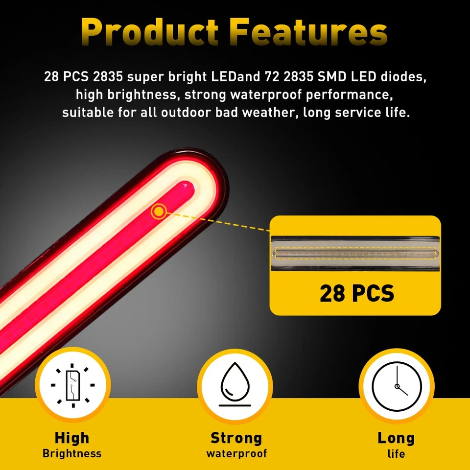 28LED Car DRL LED Light Bar Brake Flowing Turn Signal Stop Tail Strip Red Amber - Image 4 of 4