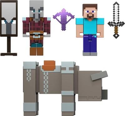 Minecraft Village Raid Pack Steve, Raid Captain and Ravager 3-Inch Action Figure