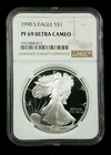 1990 S $1 American Silver Eagle NGC PF 69 ULTRA CAMEO Classic Brown Label #7640
