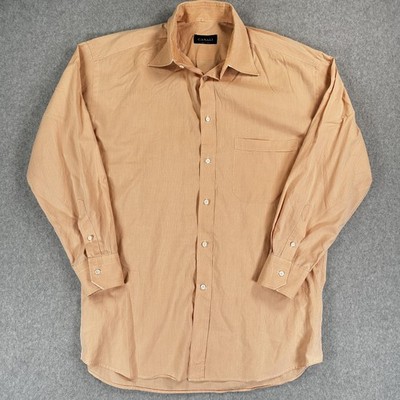 Canali Dress Shirt Mens Large Beige Check Point Collar Cotton Italy Long Sleeve