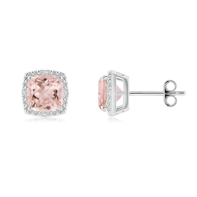 ANGARA Morganite Beaded Halo Stud Earrings in Silver for Women (6mm)