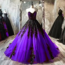 Gothic Black Purple Wedding Dresses Strapless Lace Applique Vintage Bridal Gowns