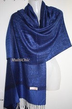 Echarpe Foulard Etole Châle Femme Pashmina Laine et Soie Cadeau Chic Bleu 