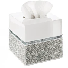 Mirror Damask Square Tissue Box Cover, Decorative Napkin Holder, White & Gray