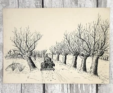 Original Vintage 1940 Danish School Ink Sketch Drawing Horse Cart Scandinavian