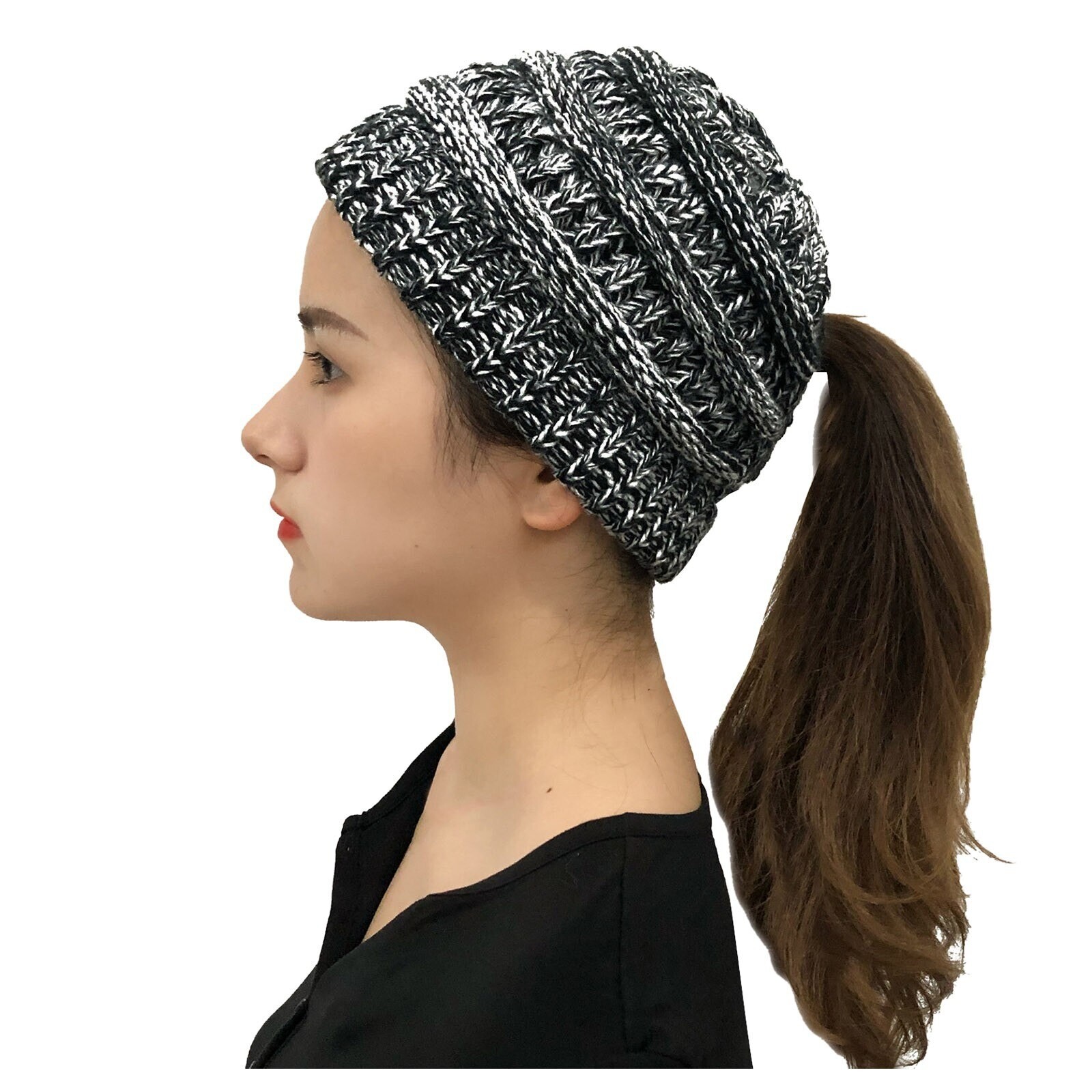 Black & White Pepper Women Ponytail Messy Bun Beanie Pony Tail Knit Stretch Hat