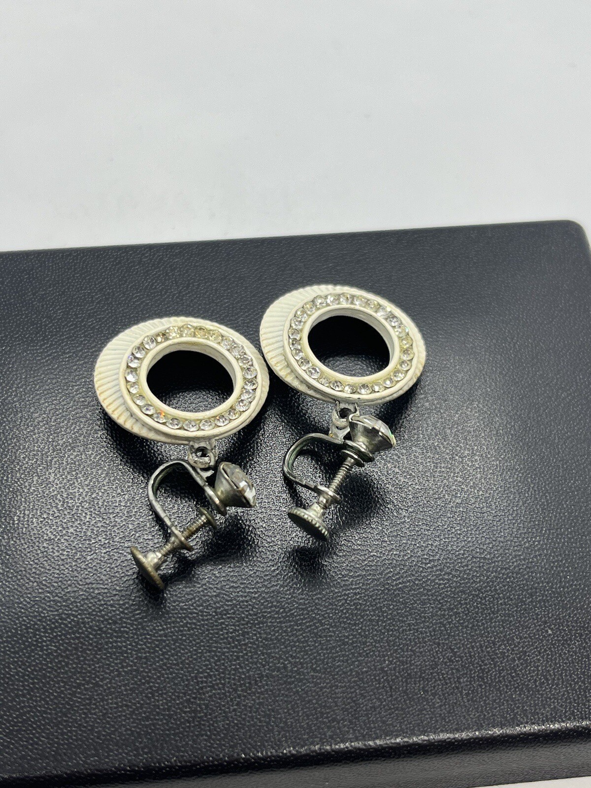 Vintage white cream enamel engine turned screw back earrings with ...