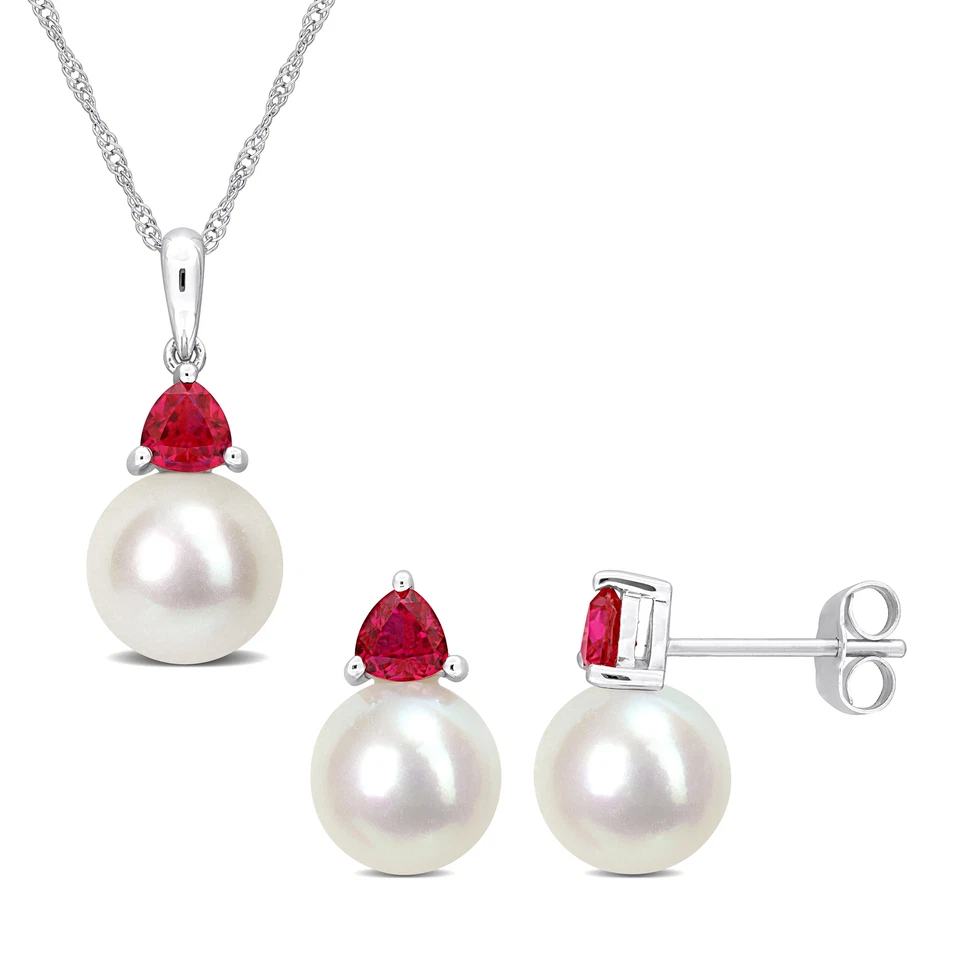 Amour 10K White Gold FW Pearl & Created Ruby Earrings, Pendant & Chain Set