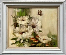 ORIGINAL VINTAGE STILL LIFE OIL PAINTING FLOWERS AND BUTTERFLY SIGNED KEMPER