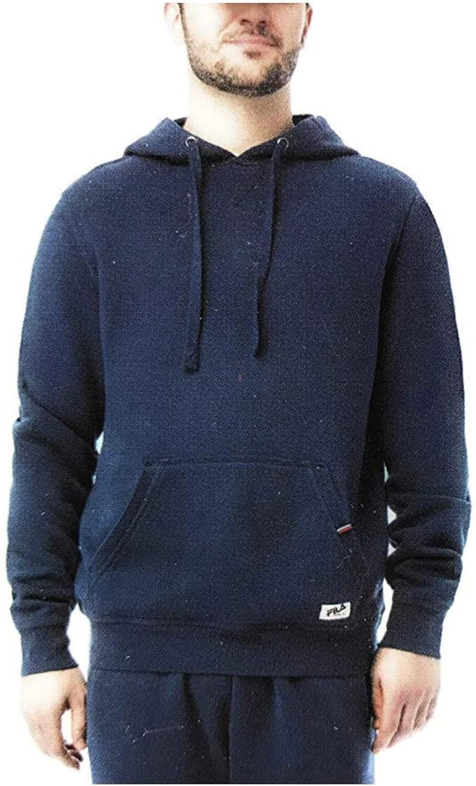 Fila Vintage Men Fleece Kangaroo Pockets Drawstring Pullover Hoodie, Navy, Large