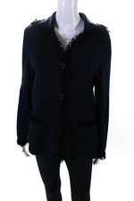 Maria Ficalora Womens Button Front Collared Fringe Knit Jacket Navy Blue Medium