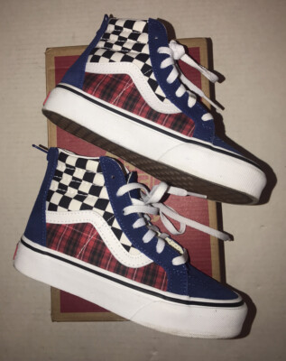 Boys Vans Sk8-Hi True Blue Red High Top W/ Checkerboard EUC W