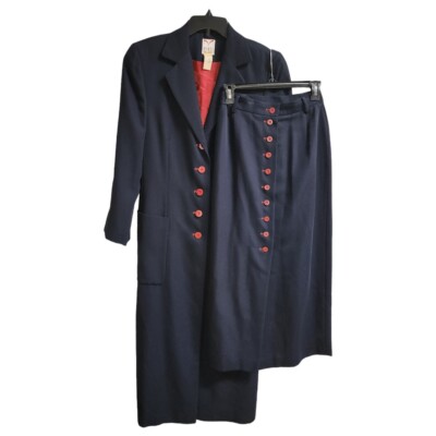 Mondi Business Womens Navy Long Button Up Blazer Jacket & Maxi Skirt Sz US 6/36