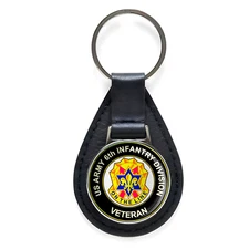 U.S. Army 6th Infantry Division Veteran Black Leather Keychain Silver Keyring