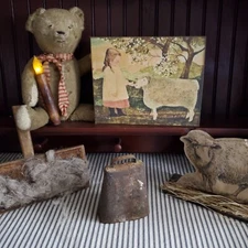 COLONIAL VICTORIAN PRIMITIVE VINTAGE FOLK ART STYLE GIRL SHEEP WEAVER FARM  SIGN