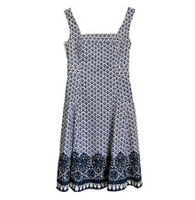 Tory Burch Lined Dress Navy Blue White Print Cotton Size 4 Fit And Flare Skirt 