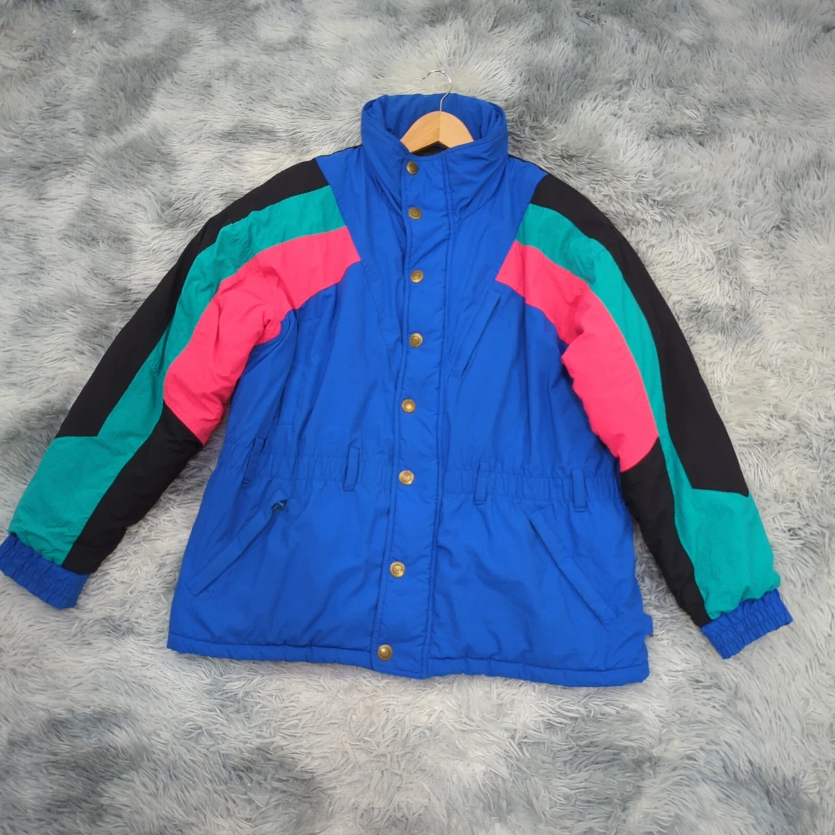 Vintage Mens Retro 80s Ski Jacket [M] Pastel Blue Pink Green Hooded Fair  Weather