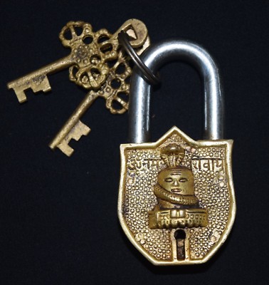 Shivling Lord Shiva Pattern Padlock Golden Brass Handmade Temple Door Dec BM311