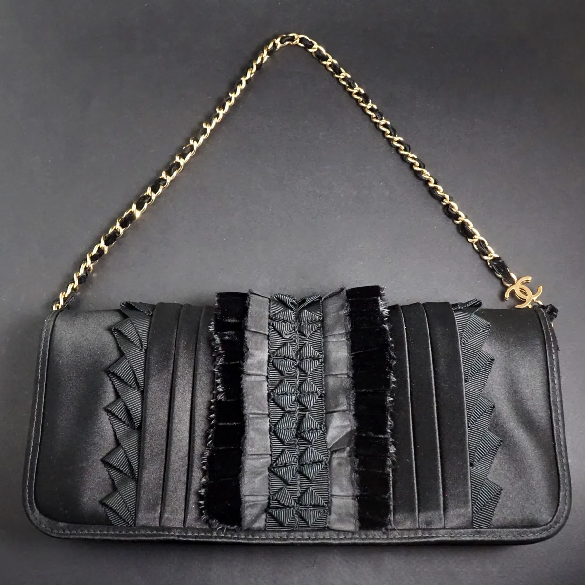 Chanel Black Satin Evening Bag w/ Velvet & Grosgrain Ribbon Stunning!