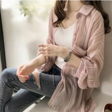 Women Chiffon Blouse Shirt Stripe Tops Lady Long Sleeve Loose Fit Button Down