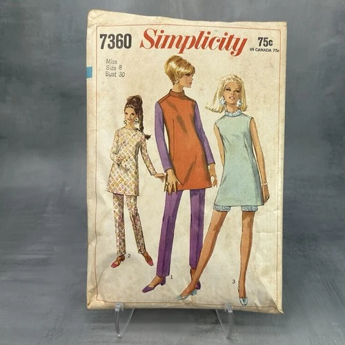 VTG  1960’S SIMPLICITY PATTERN #7360 MINI DRESS TUNIC PANTS SIZE 8 BUST 30