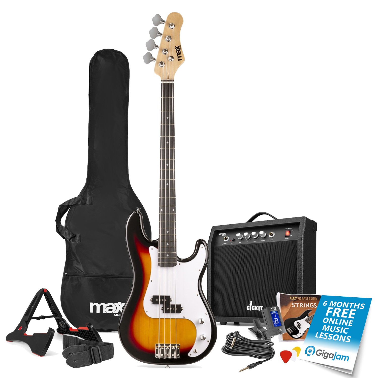 MAX 173.238 GigKit Bass Guitar with Amplifier and Accessories - Sunburst