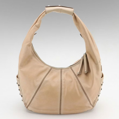 Tod's Leather Tote Shoulder Bag Studded Beige with Quilt Stitching and Dust Bag