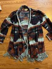 LUCKY BRAND Sweater 1X Plus Southwestern Draped Open Front Cardigan Fringe