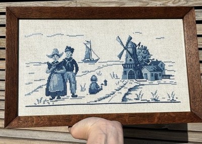 Delfter blaue Nadelspitze Vintage niederländische Stickerei Windmühle Boot Holland sehr gut