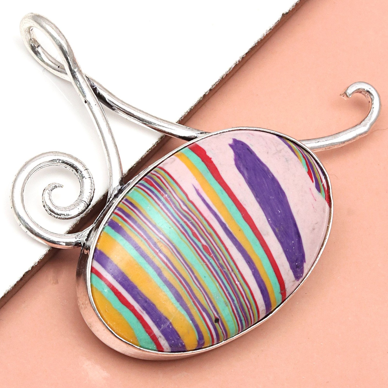 Rainbow Calsilica Handmade Silver Pendant Jewelry for Women and Men 1.75 Inch