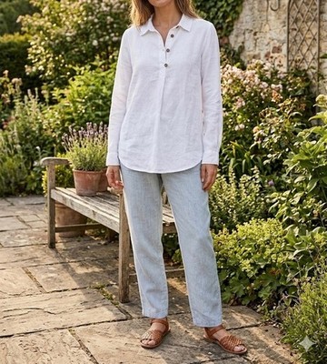 Sigrid Olsen White 100% Linen Roll-sleeve Tunic Shirt Womens Sz Small Lagenlook