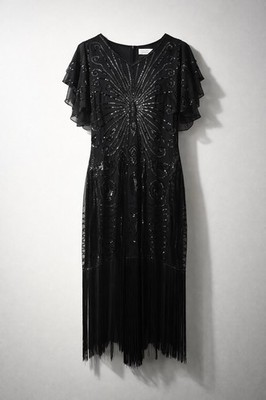  Vintage 1920 s style  witchy goth  Black Mesh Sequin Fringe Hem  Dress XL/14