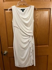 Lauren Ralph Lauren Dress Womens 6 White Ruched Midi Cocktail LWD Bridal Formal